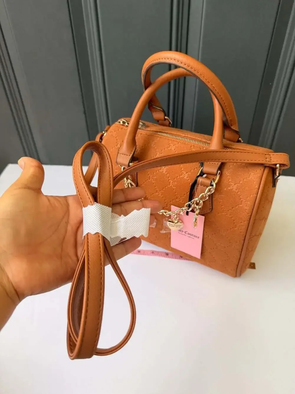 JuicyCouture Tan Brown Suede Monogram Logo Satchel CrossbodyHandbag ChainCharms